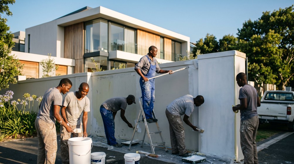 Professional team painting a boundary wall at a modern home in Kloof