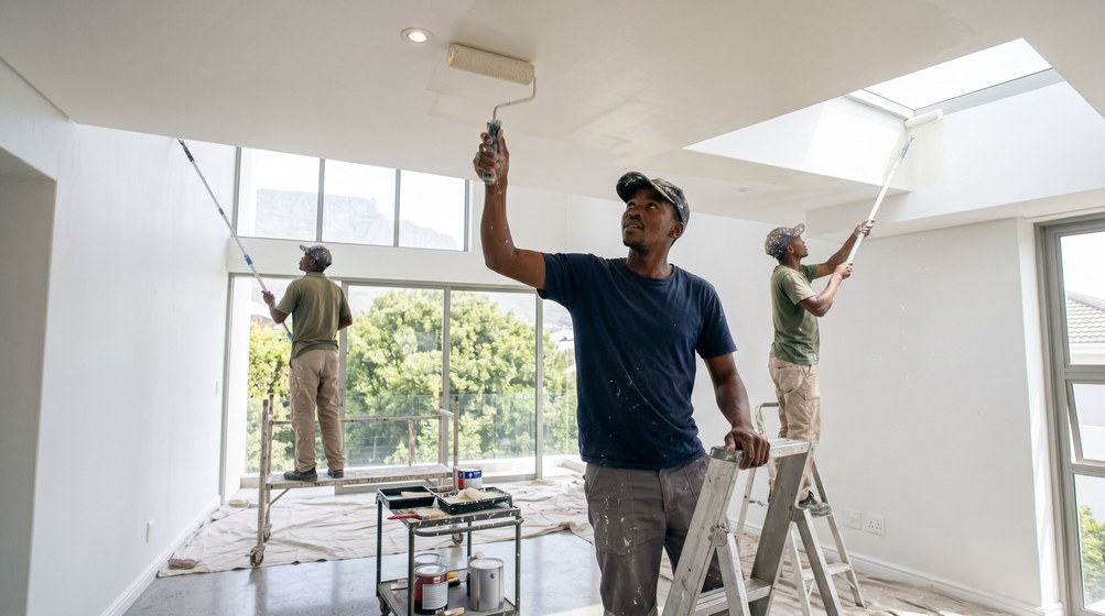 Professional ceiling painters rolling white paint onto a high ceiling in Kloof