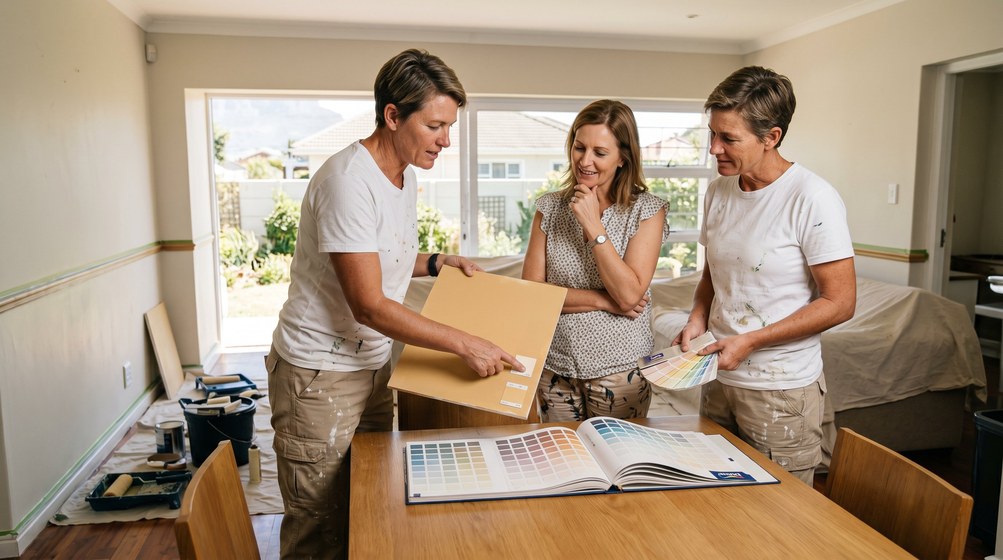 Professional colour consultant showing paint swatches to a homeowner in Kloof