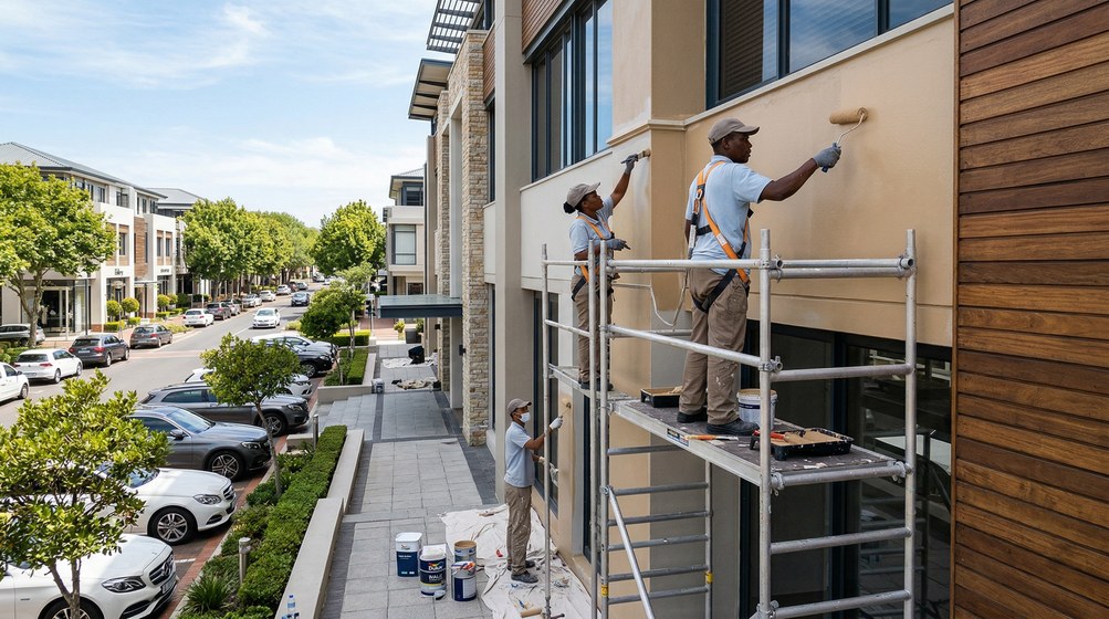 Professional commercial painters on scaffolding painting a building on the Kloof