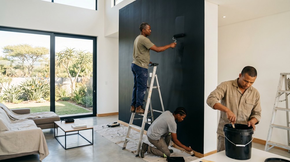 Professional painters creating a bold black feature wall in a modern Kloof home