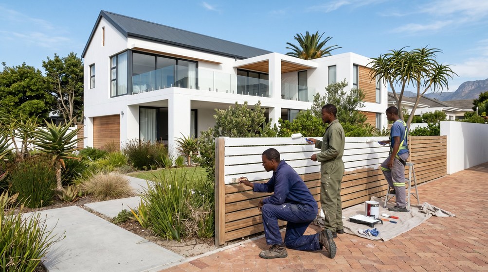 Professional fence painters painting a wooden fence at a Kloof home in Kloof