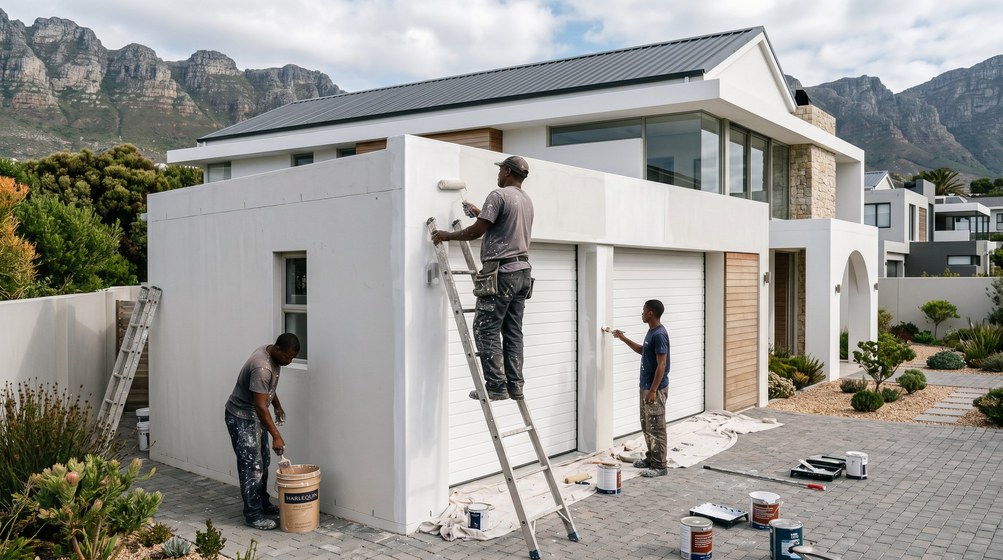 Professional painters painting a double garage exterior and garage doors in Kloof