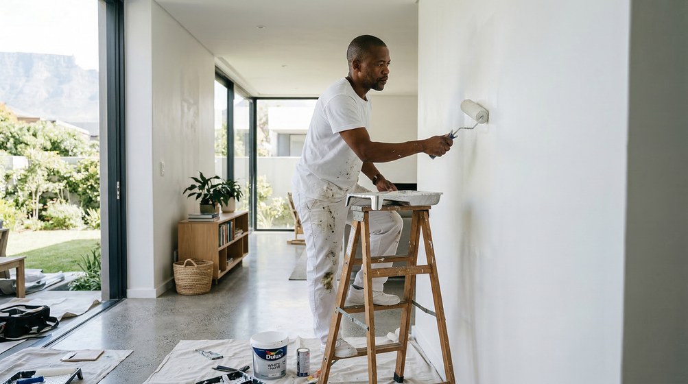 Professional interior painter in Kloof painting walls with a roller