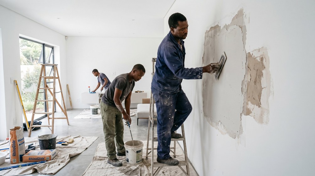 Professional plaster repair team skim coating damaged walls in Kloof