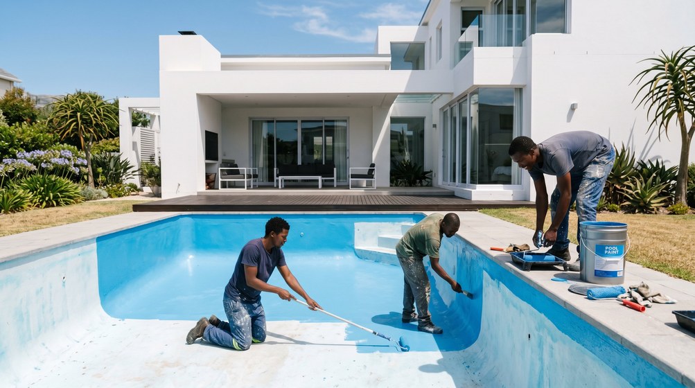 Professional pool painters applying blue pool paint to a swimming pool in Kloof