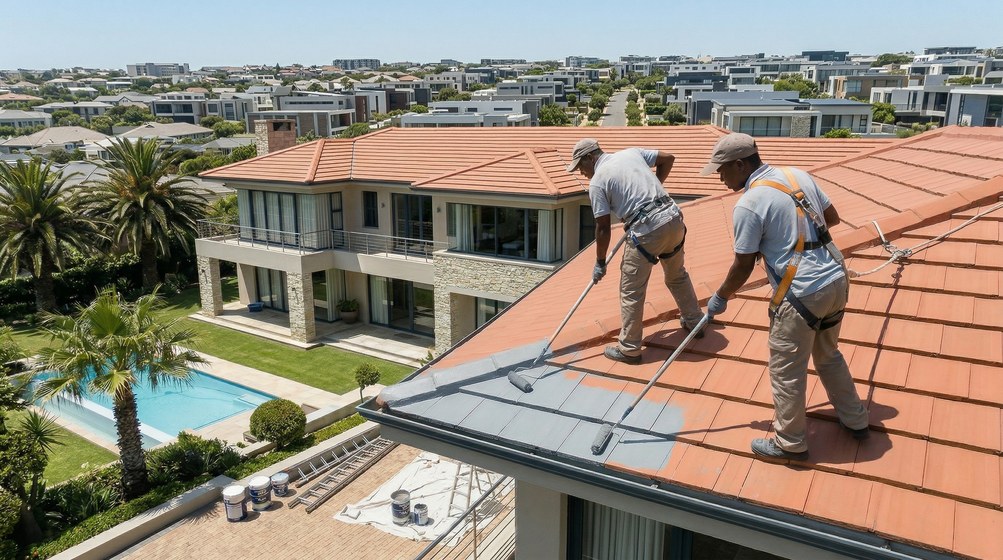 Professional roof painters applying waterproof coating to tiled roof in Kloof