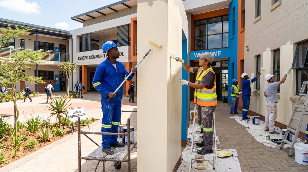Professional school painting team painting a community school on the Kloof