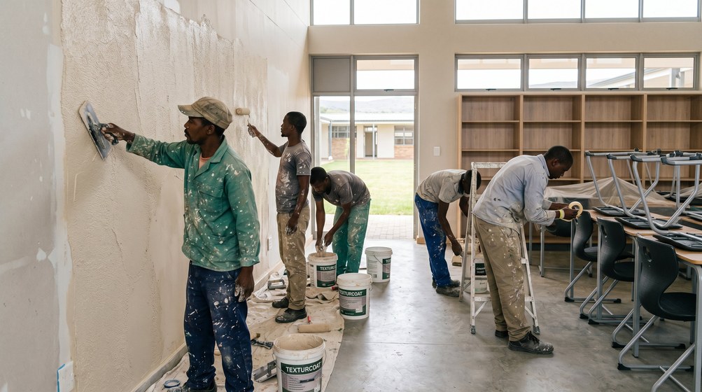 Professional texture coating team applying Texturcoat to interior walls in Kloof