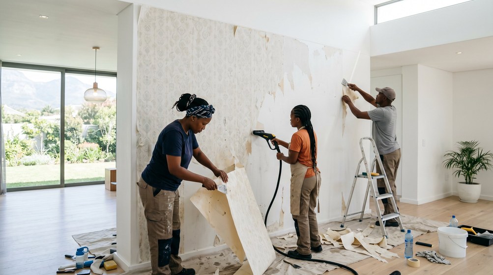Professional wallpaper removal team stripping old wallpaper in a Kloof home