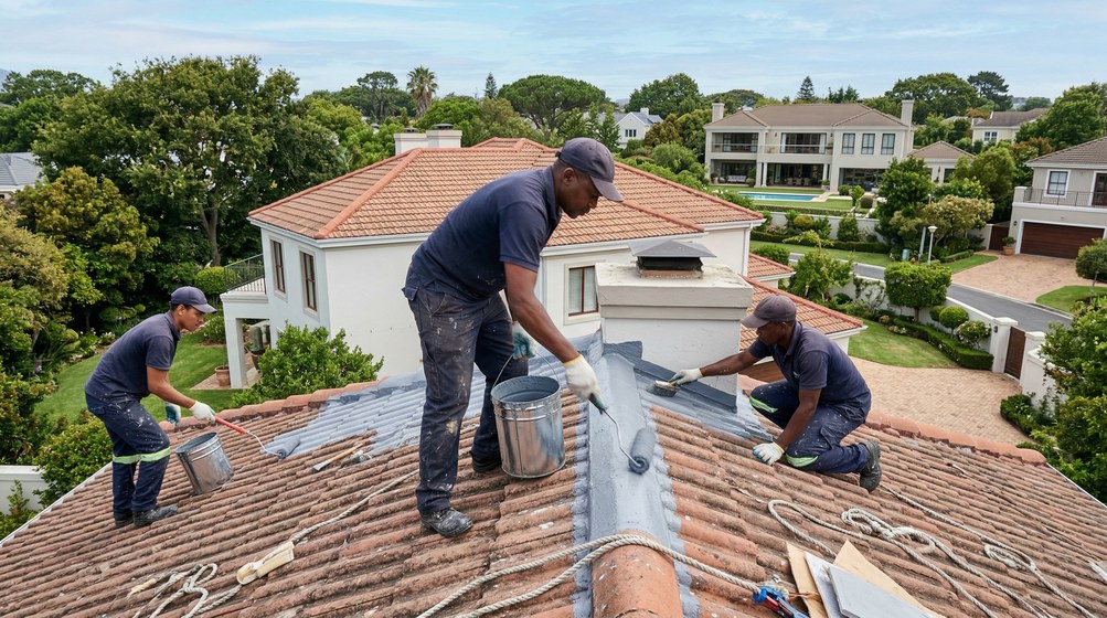 Professional waterproofing team applying membrane to roof in Kloof
