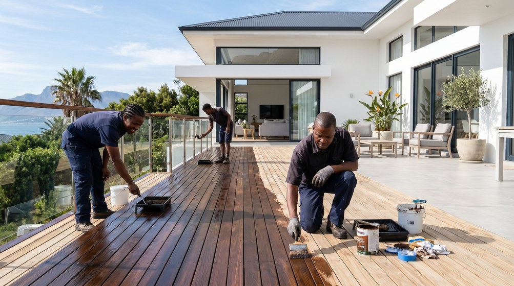 Professional wood staining team applying deck stain overlooking the ocean in Kloof